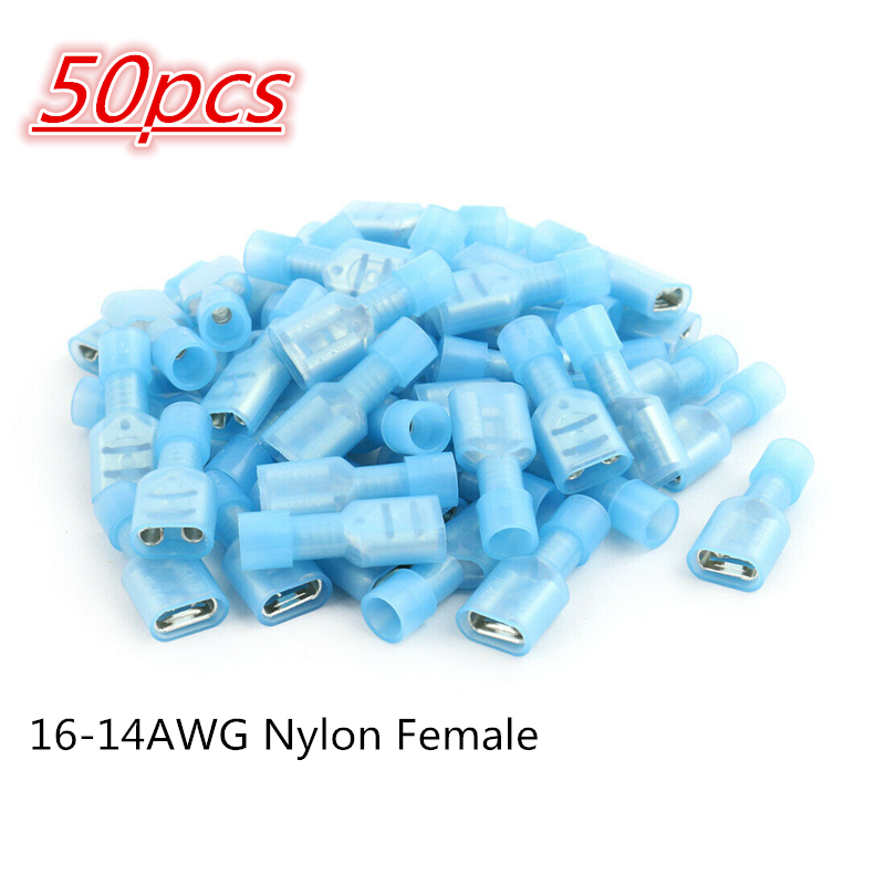 50Pcs 16-14AWG Wire Insulated 6.3mm Female Spade Crimp Terminal Connector Blue