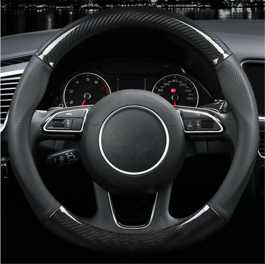 Carbon Fiber Leather Steering Wheel Cover for Car SUV Odorless 15 inch