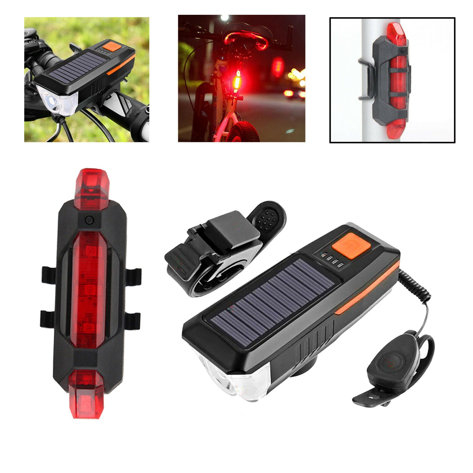 2x Bicycle Solar Power/USB Head Light Rear Lamp Road Safety Night Cycling