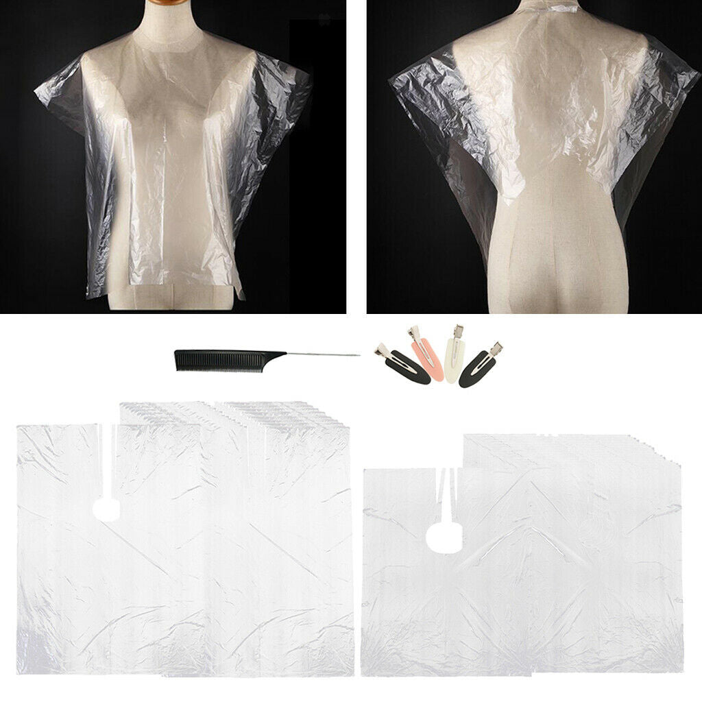 100PC Disposable Hair Cutting Cape Transparent DIY Gown + Hair Clips & Comb
