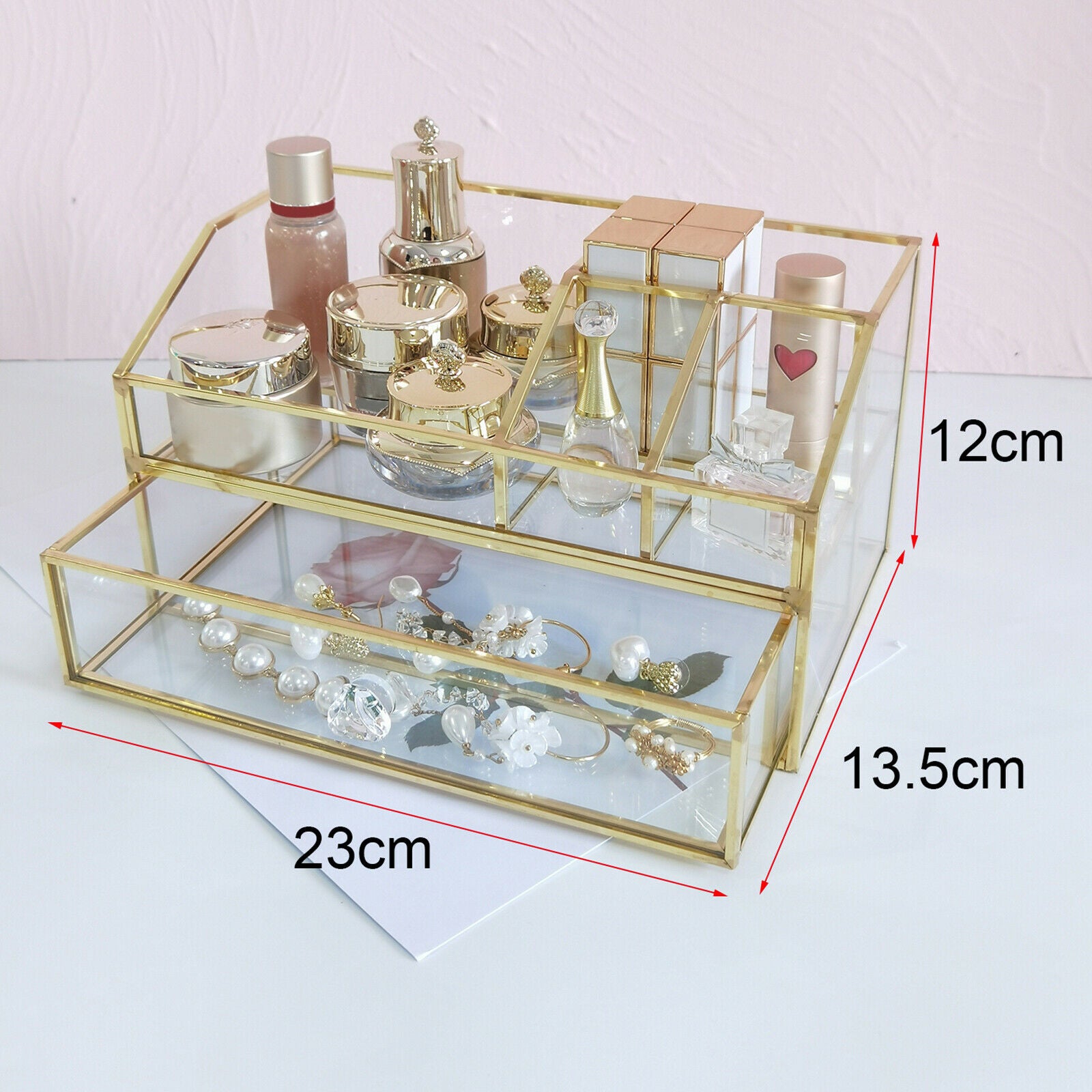 Clear Glass Jewelry Organizer Box - Golden Metal Keepsake Box Jewelry Organizer