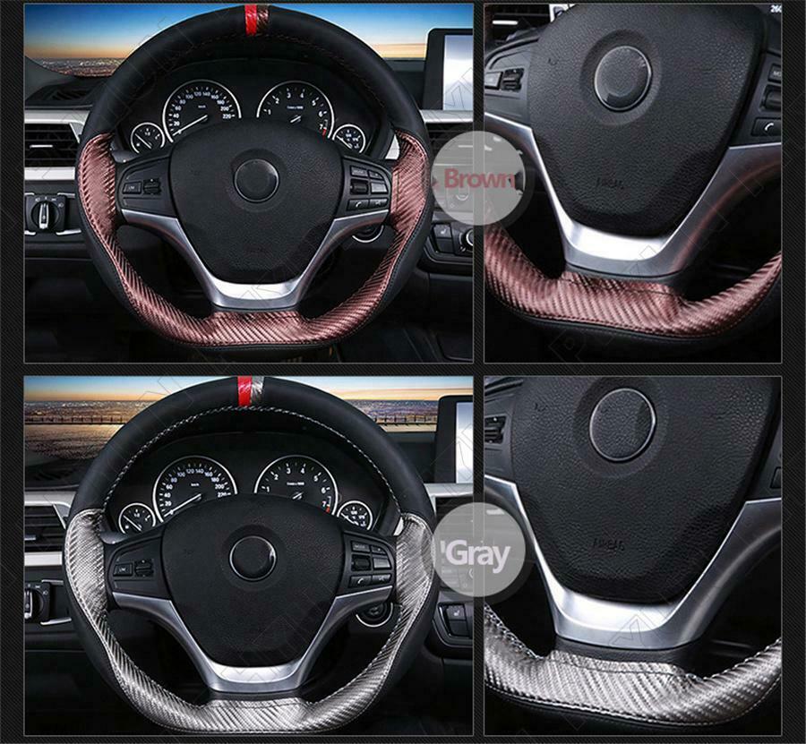 38cm Brown PU Leather Car Steering Wheel Cover Carbon Fiber Look Auto Decoration