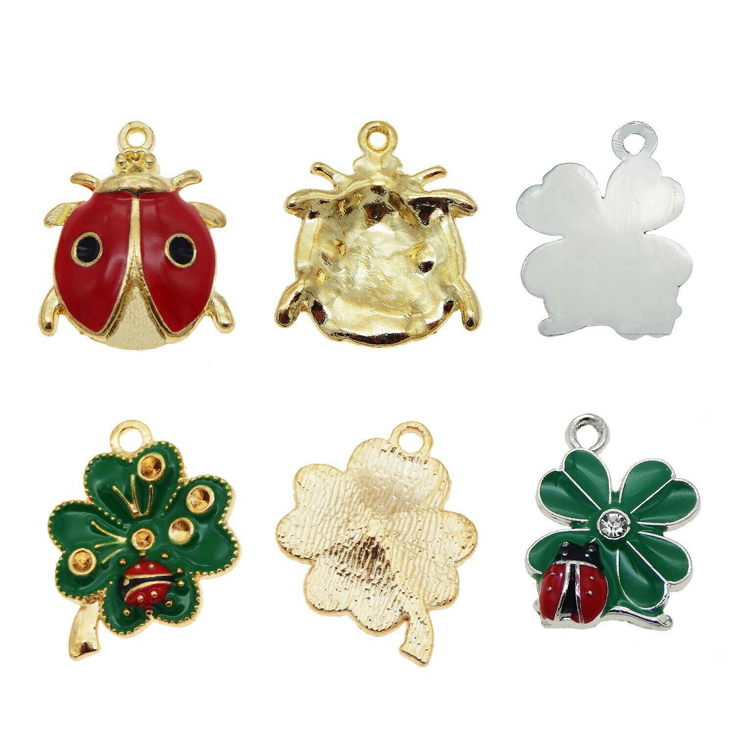 12 pcs Colorful Enamel Alloy Ladybug and Clover Leaf Charm Necklace Pendant