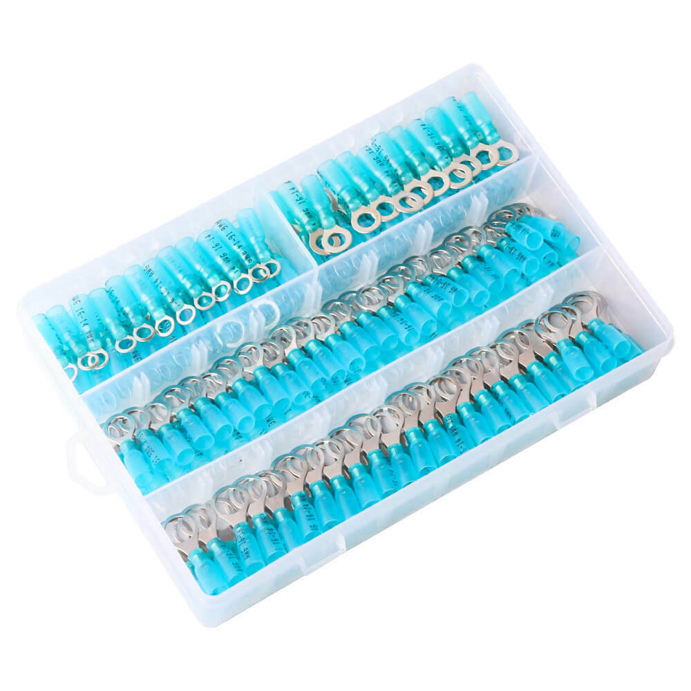 200PCS Ring 16-14AWG Blue Heat Shrink Wire Connectors Waterproof Seal Terminal