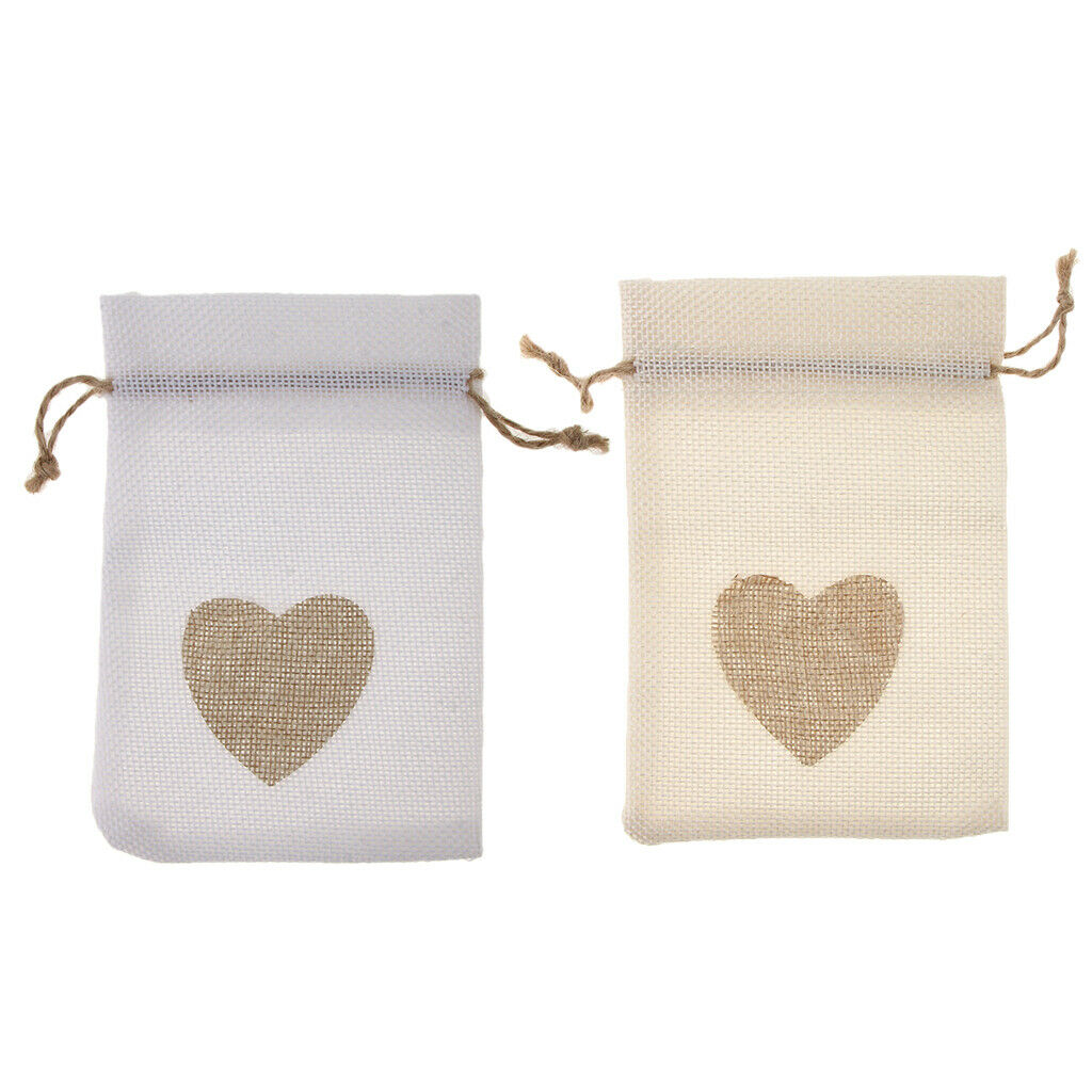 20Pcs Natural Burlap Bags with Jute Drawstring, Love Heart Print Wedding Party