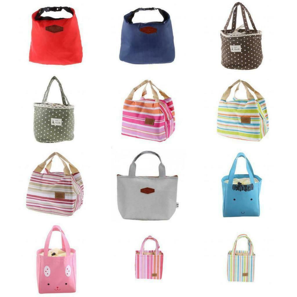 Portable Lunch Box Tote Cooler Bag Bento Pouch Container Pink Stripes