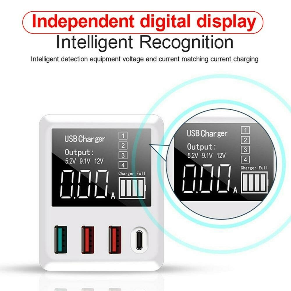 QC3.0 PD Type C USB Fast Charger 4 Ports 40W LED Display Travel Wall Charger US