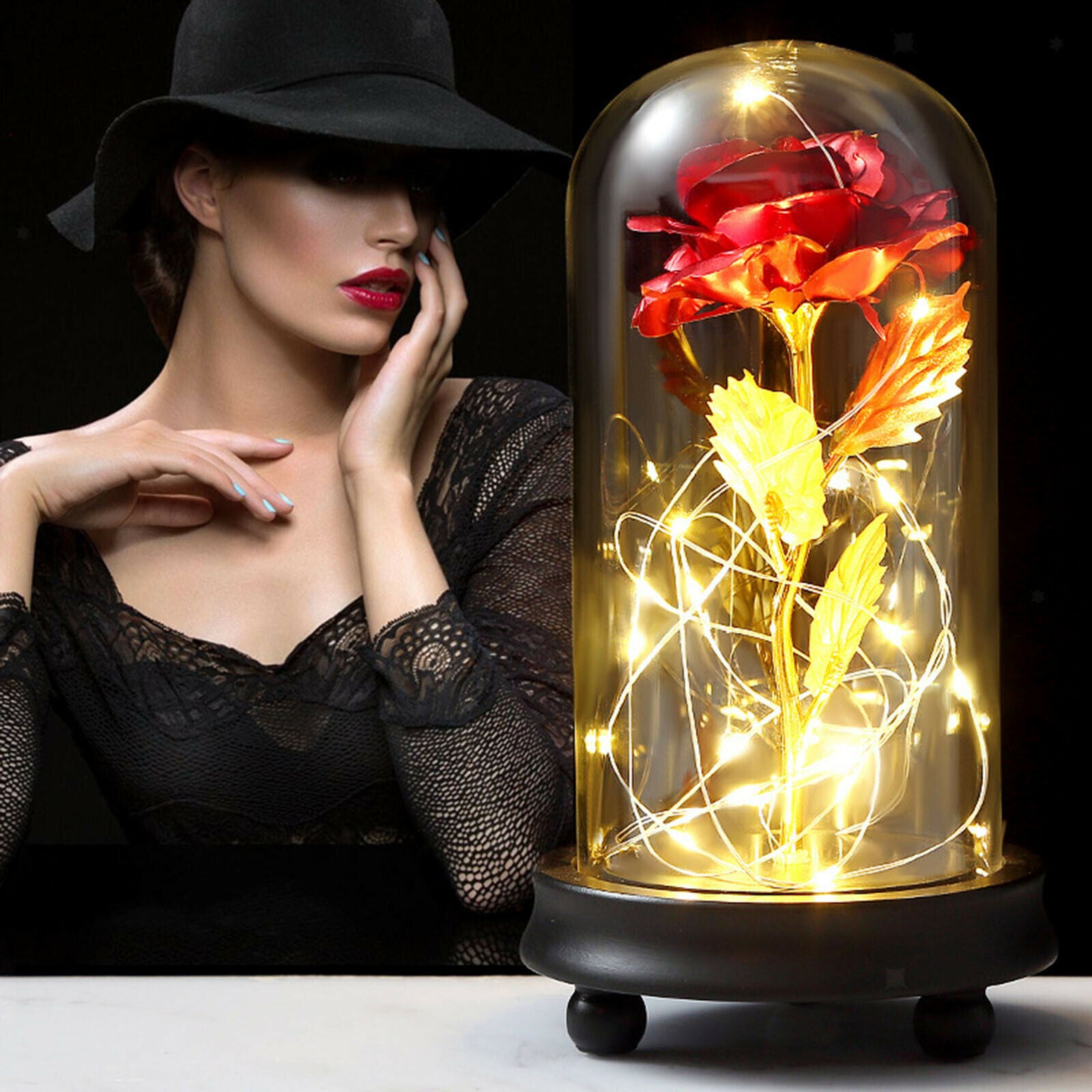 Rose in Glass Dome Flower LED Lamp Night Light for Wedding Anniversary