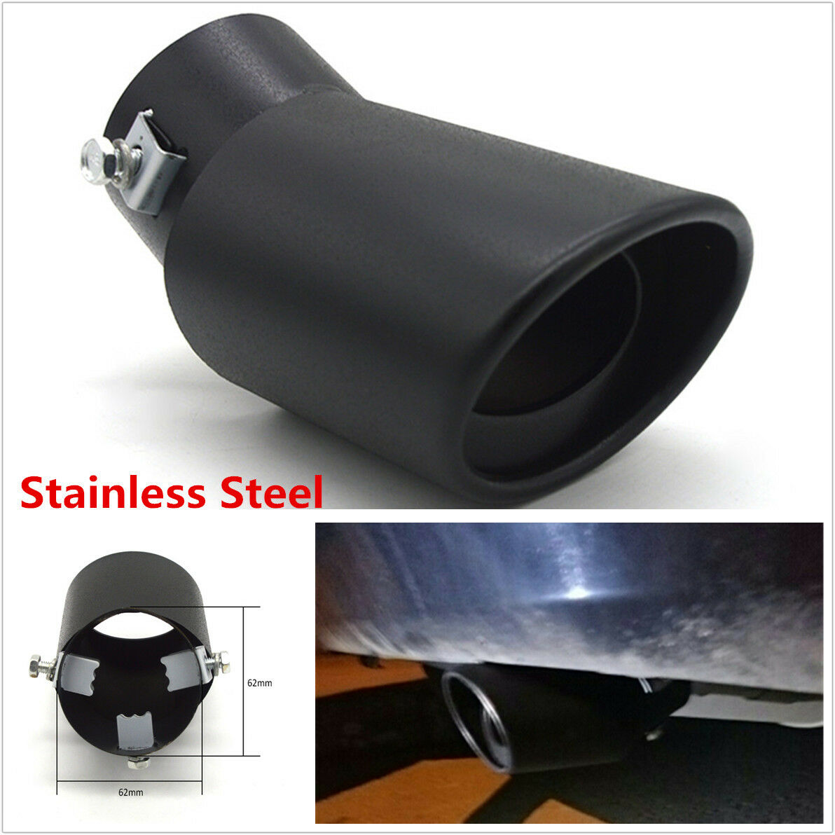 1x Black 62mm Stainless Steel Car Exhaust Pipe Bend Tail Muffler Tip Car Styling