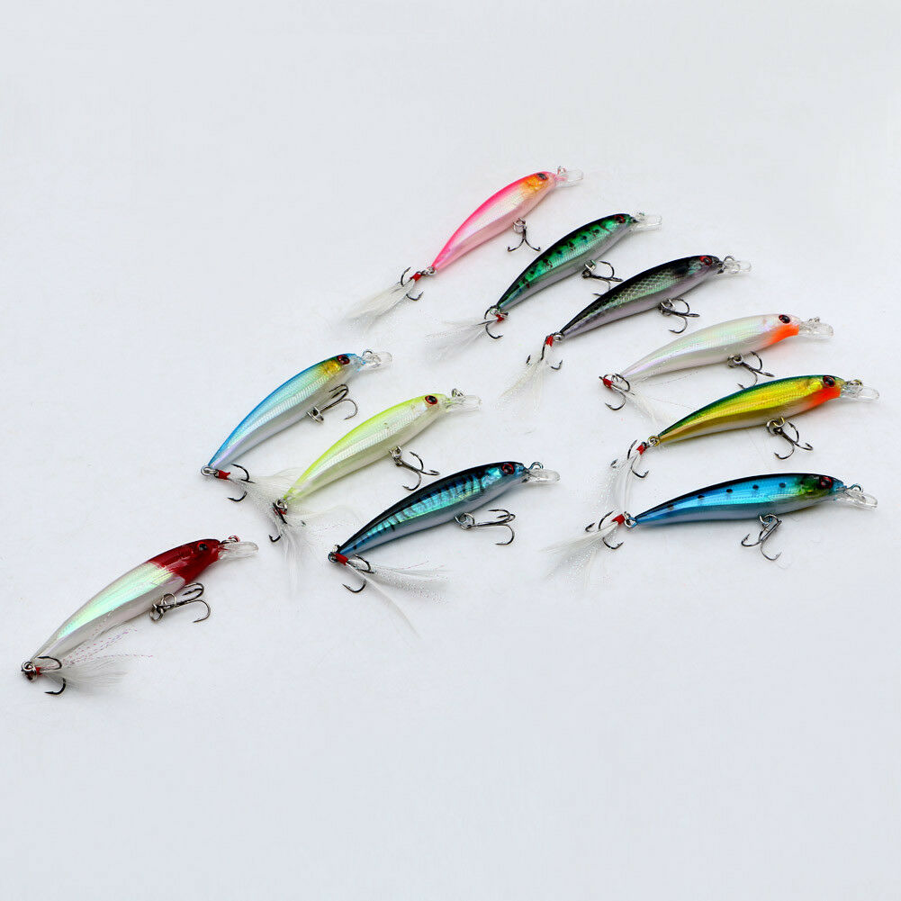 10PCS Minnow Fishing Lure Bait Bass Crank Feather Hook Popper Fishing Tackle