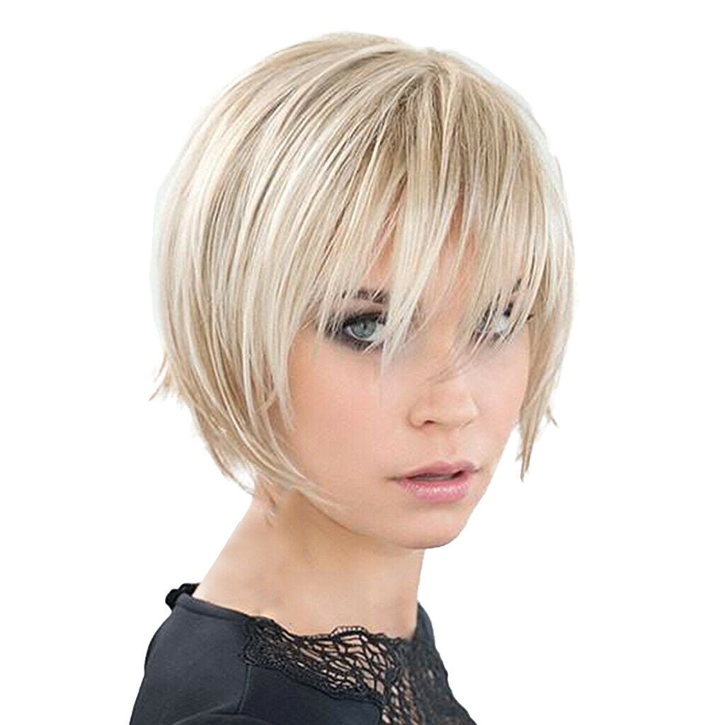 10in Women Short Straight Wig Synthetic Full Wigs with Bangs Heat Resistant