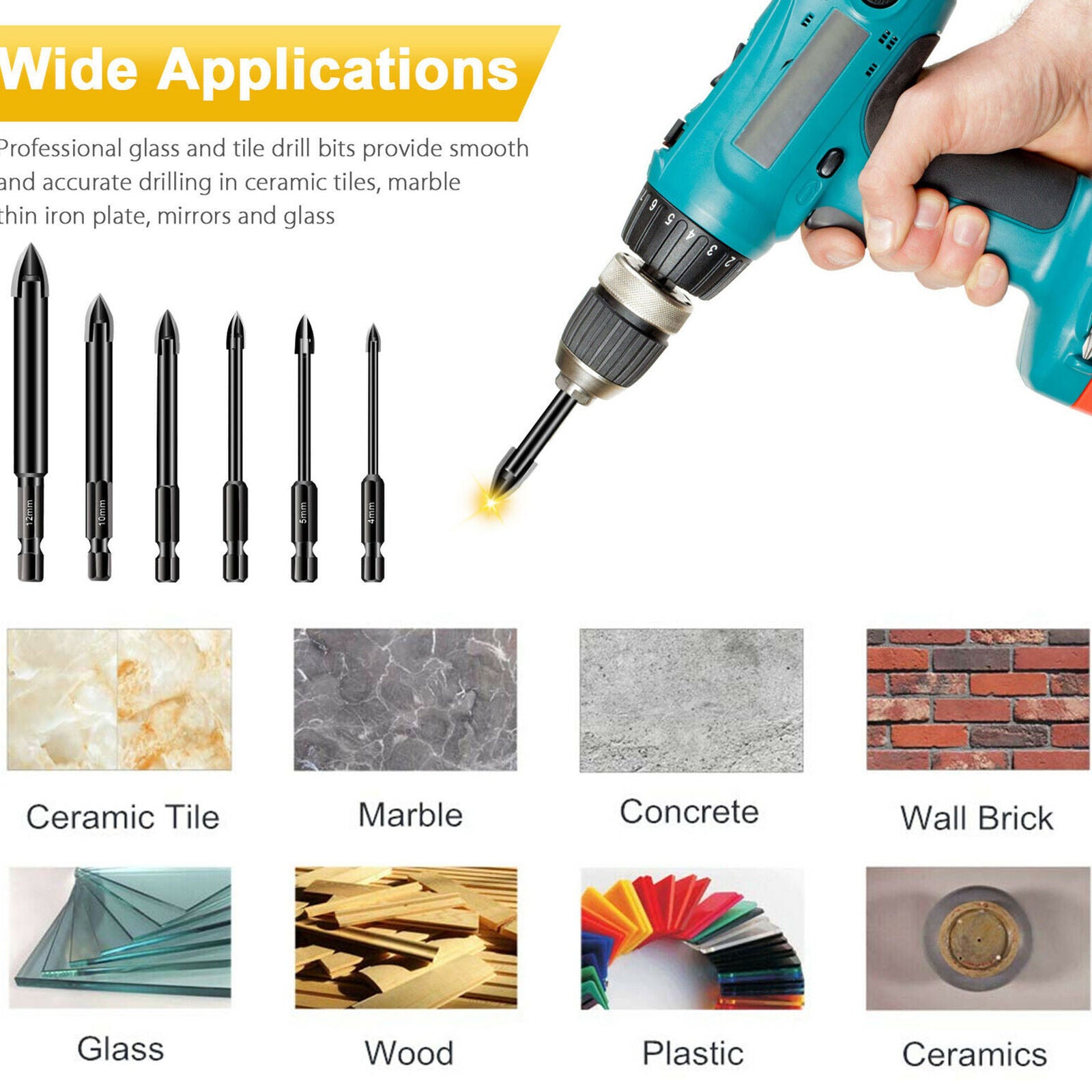 6Pcs Ceramic Tile Glass Drill Bits 1/4" Hex Shank Set for Chucks Bit Holder Top