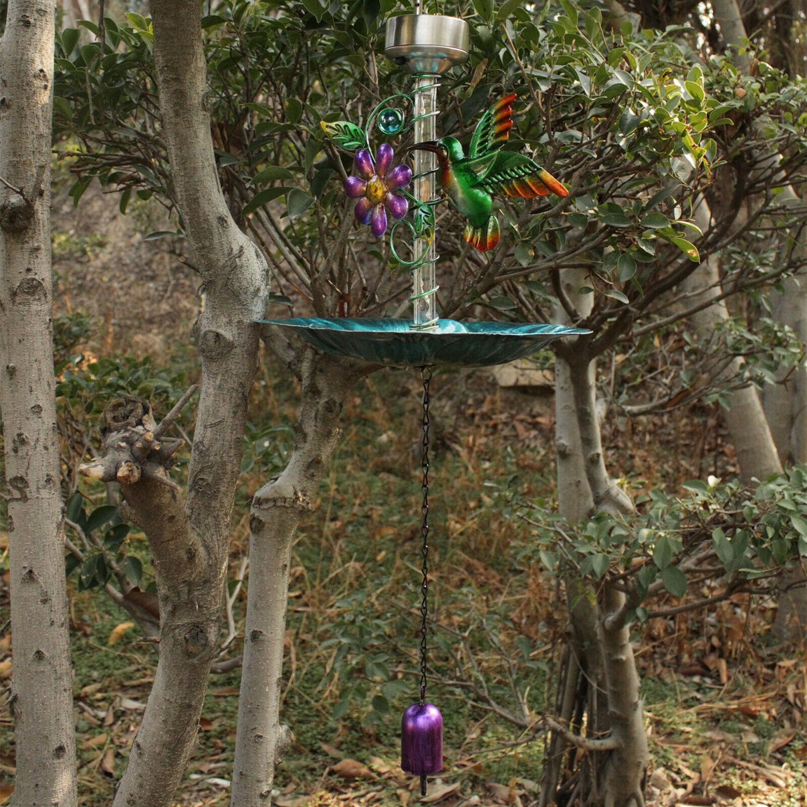 Solar Bird Feeder Outside w/ Bird and Flower Patio Ornament Waterproof