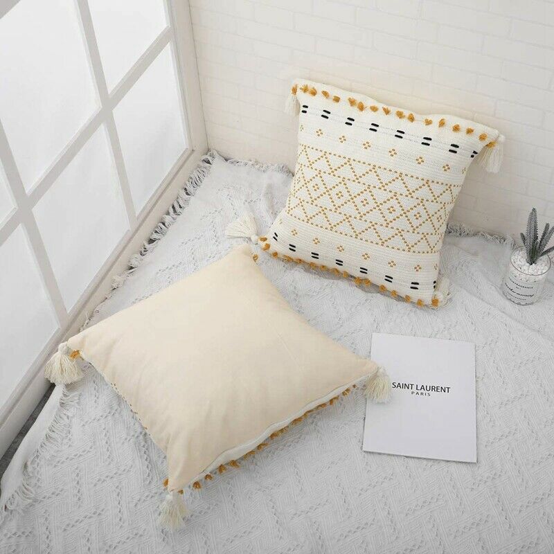 Boho Throw Pillow Covers, 18 x 18 Inch Natural Cotton Hand-Woven Tufted DecoV4T3
