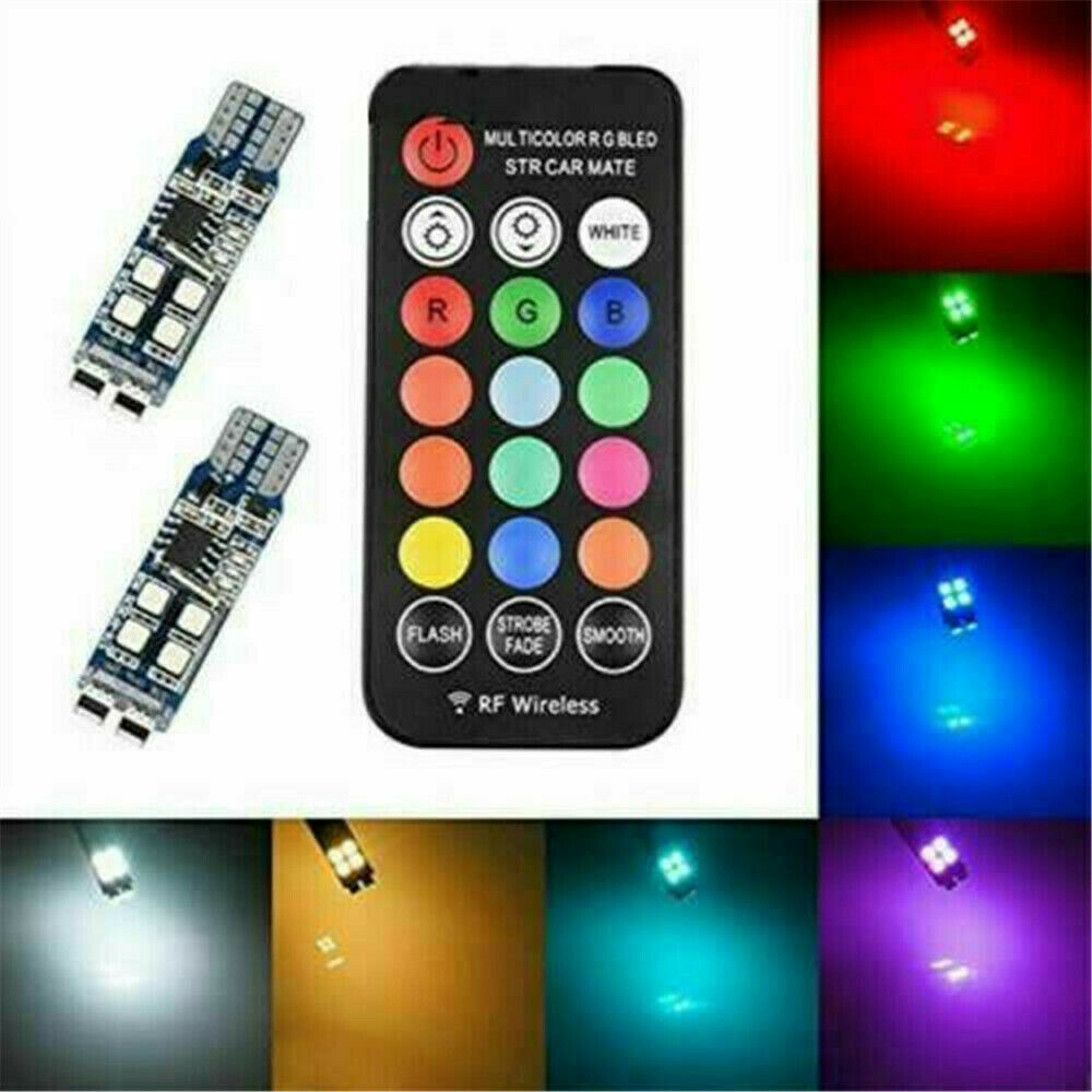 LED Color Changing RGB 168 194 T10 Bulbs w/RF Remote Control Car Parking Light~