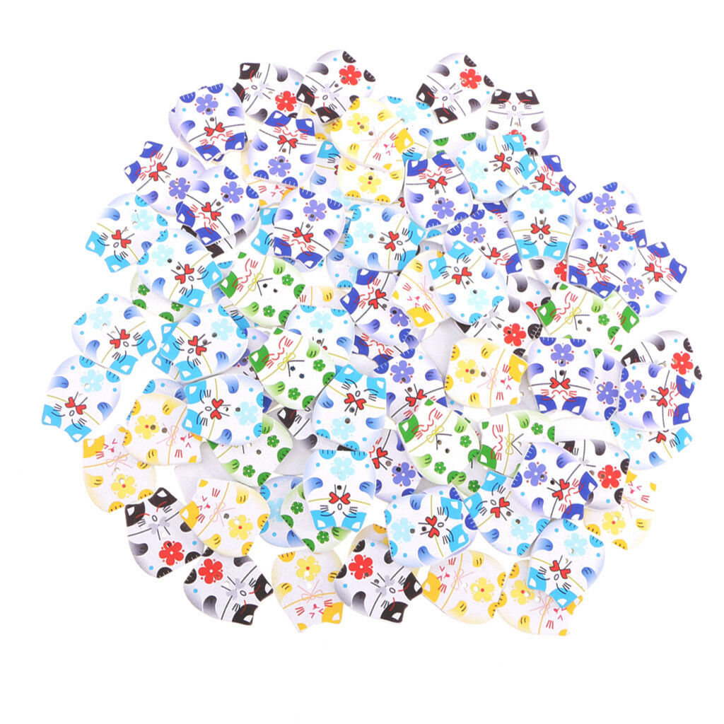 100x Colorful Cat Wooden Buttons Embellishments for Party Decoration Crafts