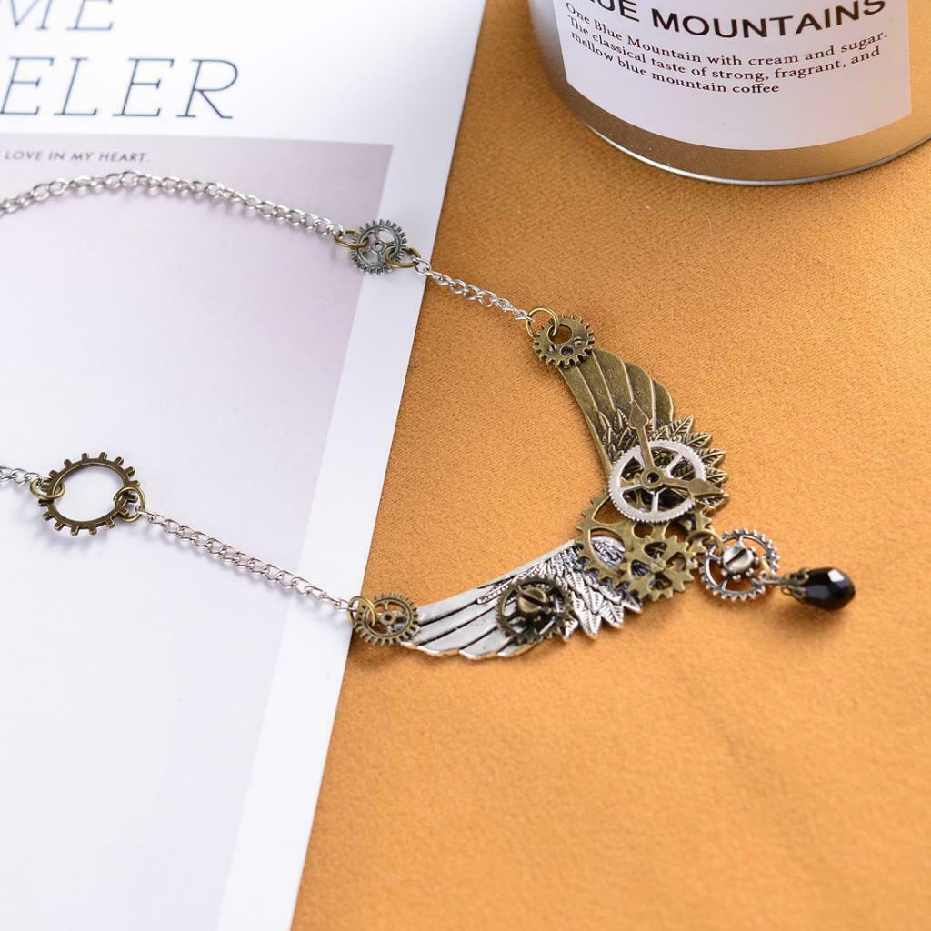 Steampunk Gear Hour Hand Feather Wings Pendant Necklace Chain for Women Men
