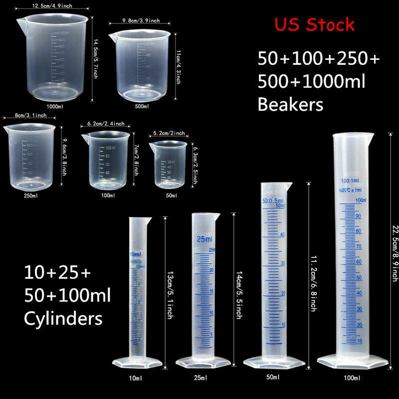 Lab Plasticware Set,4 Clear Plastic Graduated Cylinders+5 Beakers +1 Brush