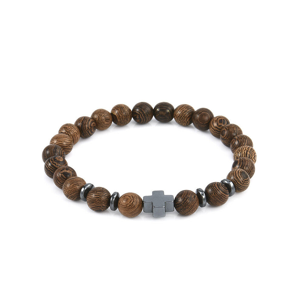 Hot Men Women Hematite Cross Wooden Bracelets Stretchy Wooden Bracelet Beads JT
