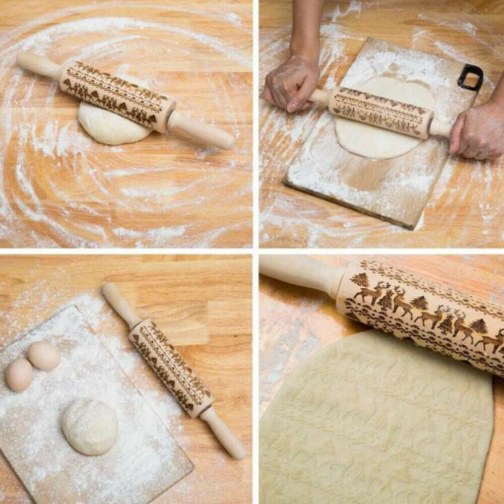 Christmas Wooden Rolling Pins Elk Deer Embossing Rolling Pin Kitchen Baking Tool