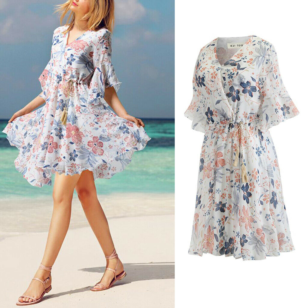 Womens Summer Floral Print Dress Casual Swing Boho Beach Midi Dress M