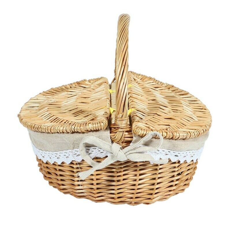 1X(Handmade Wicker Basket with Handle, Wicker Camping Picnic Basket with Dou6H2)
