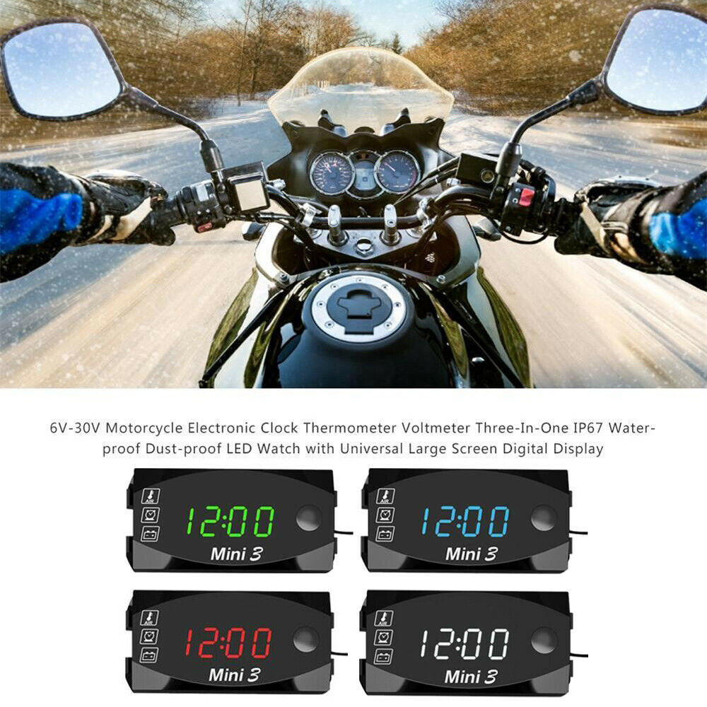 3-in-1 Motorcycle Clock VoltageThermometer &Voltmeter LED Display DC 6V-30V IP67