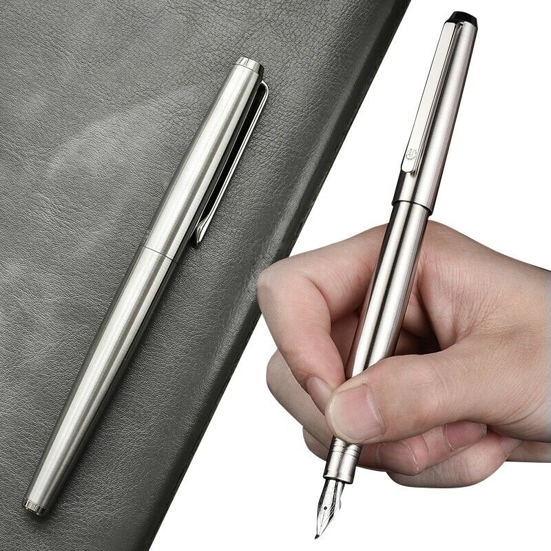 Hongdian 517S Full Steel Fountain Pen EF 0.4MM Bent Nib Srew Cap