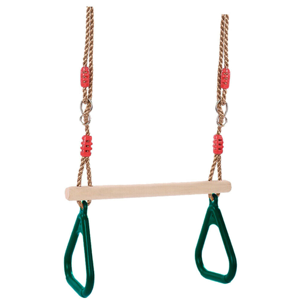 Children Playground Wooden Trapeze Swing with Triangular Gym Rings Fun Green