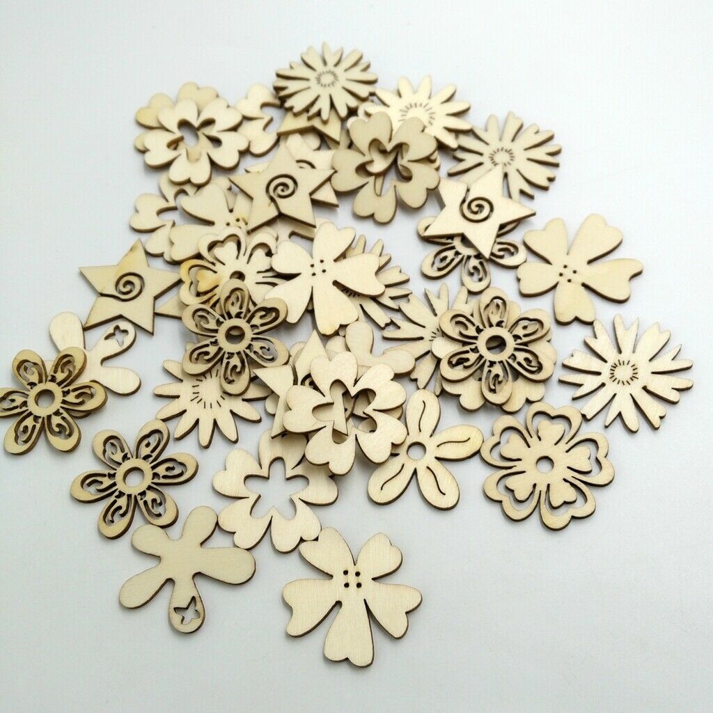 50x Mixed Wooden Tags Flower Shapes Wood Crafts MDF Ornaments Decoration DIY