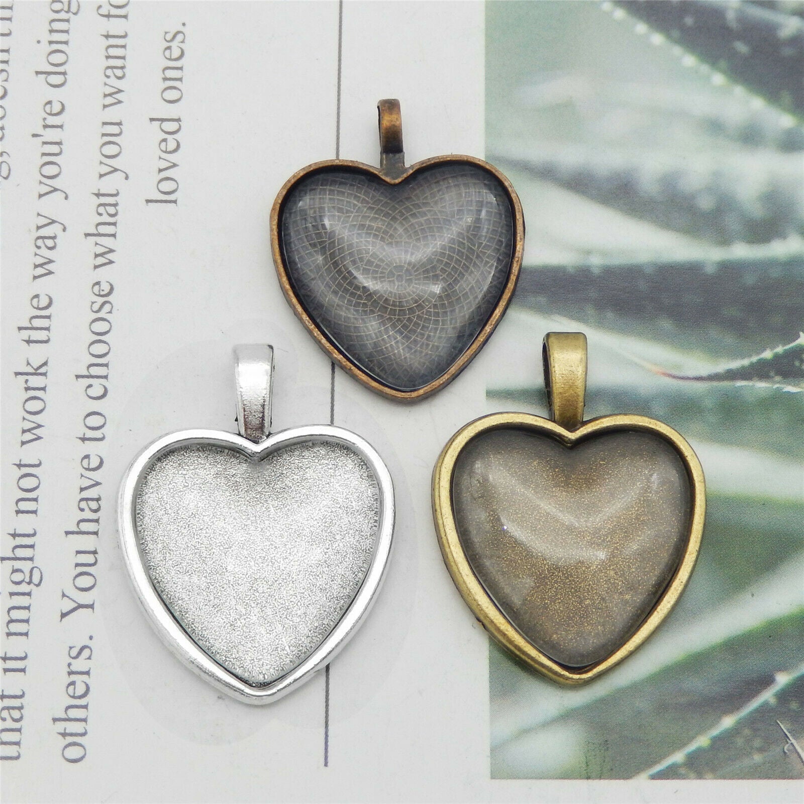 3 Sets Mix Heart Shaped Clear Glass Bezel Charm Necklace Pendant Findings DIY