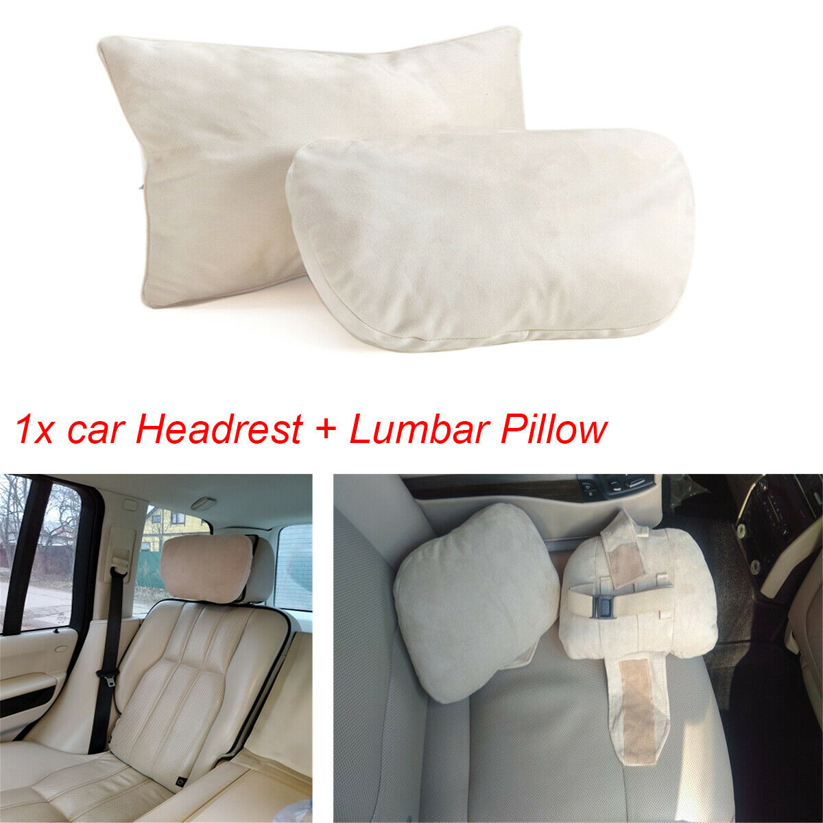 1 Set of Adjustable Car Seat Neck Headrest + Lumbar Support Beige Universal