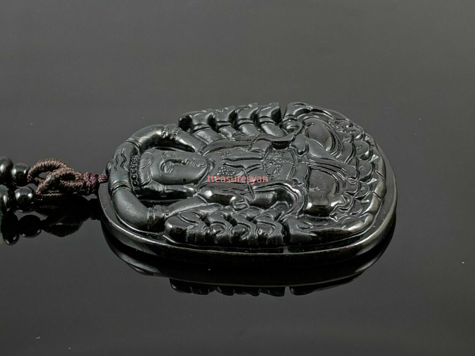 Natural Burmese Grade A Black Jadeite Jade Guan Yin Pendant with Woven Necklace