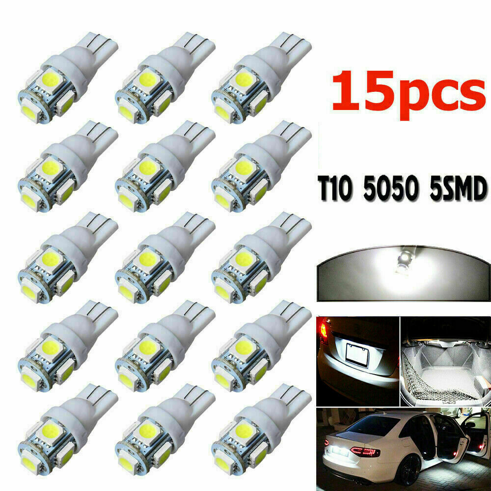 15Pcs Car T10 12V White LED 5050 5SMD Wedge Light Bulbs W5W 194 168 2825 158 192
