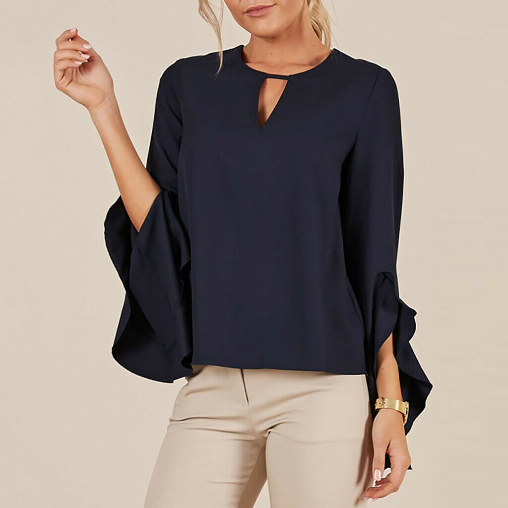 Women's Solid Round Neck Irregular Ruffle Sleeve Chiffon Shirt Blouse L Blue
