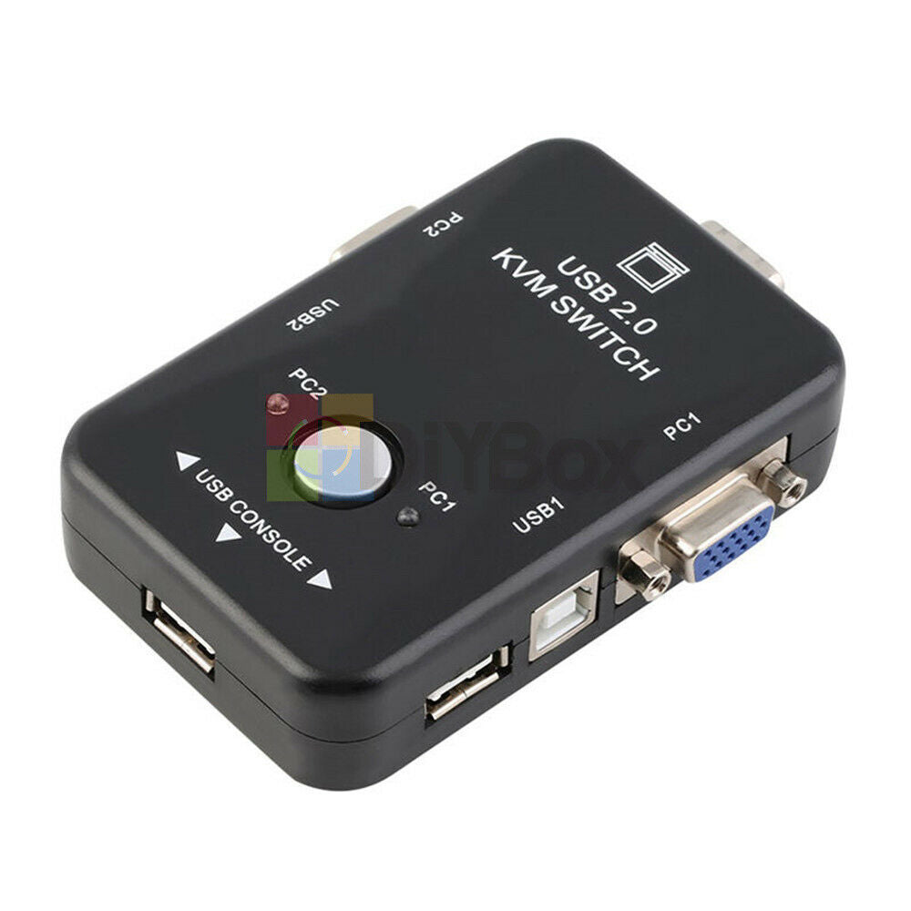2 Port USB 2.0 VGA SVGA KVM Switch Box For Sharing Monitor Keyboard Mouse