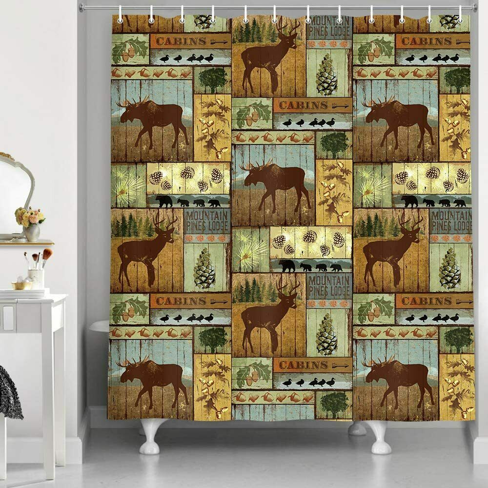 Farmhouse Retro Rustic Lodge Bear Moose Deer Shower Curtain 69X70 Inches