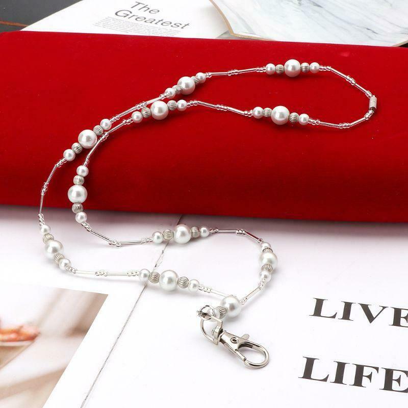 Hidden Hollow Beads White Pearls Beaded Lanyard ID Badge Holder Pendant Necklace