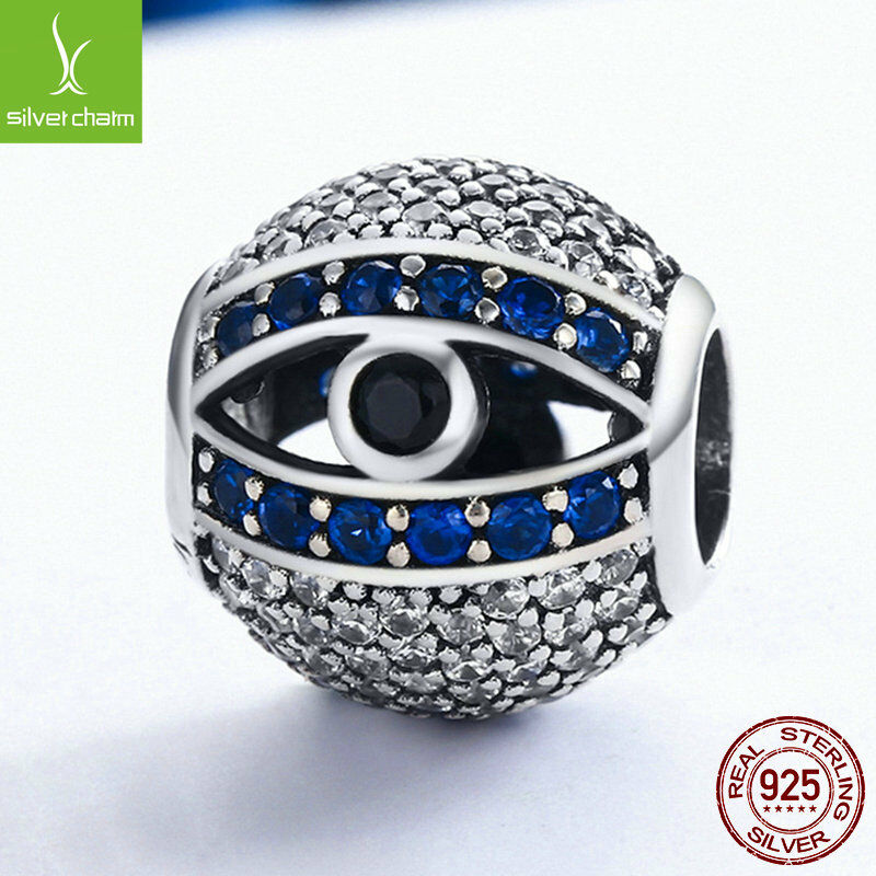 European 925 Sterling Blue Eye of God Zircon CZ Round bead solid charm for women