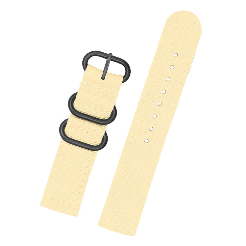 Beige Nylon Watch Band Stainless Steel 3-ring Buckle Wristband Replace 24mm