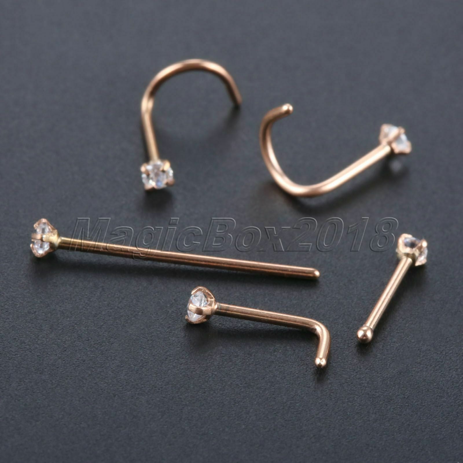 Stainless Steel Zircon Nose Nail Hoop Stud Set Piercing Roseold 5pcs Gauge 0.8mm