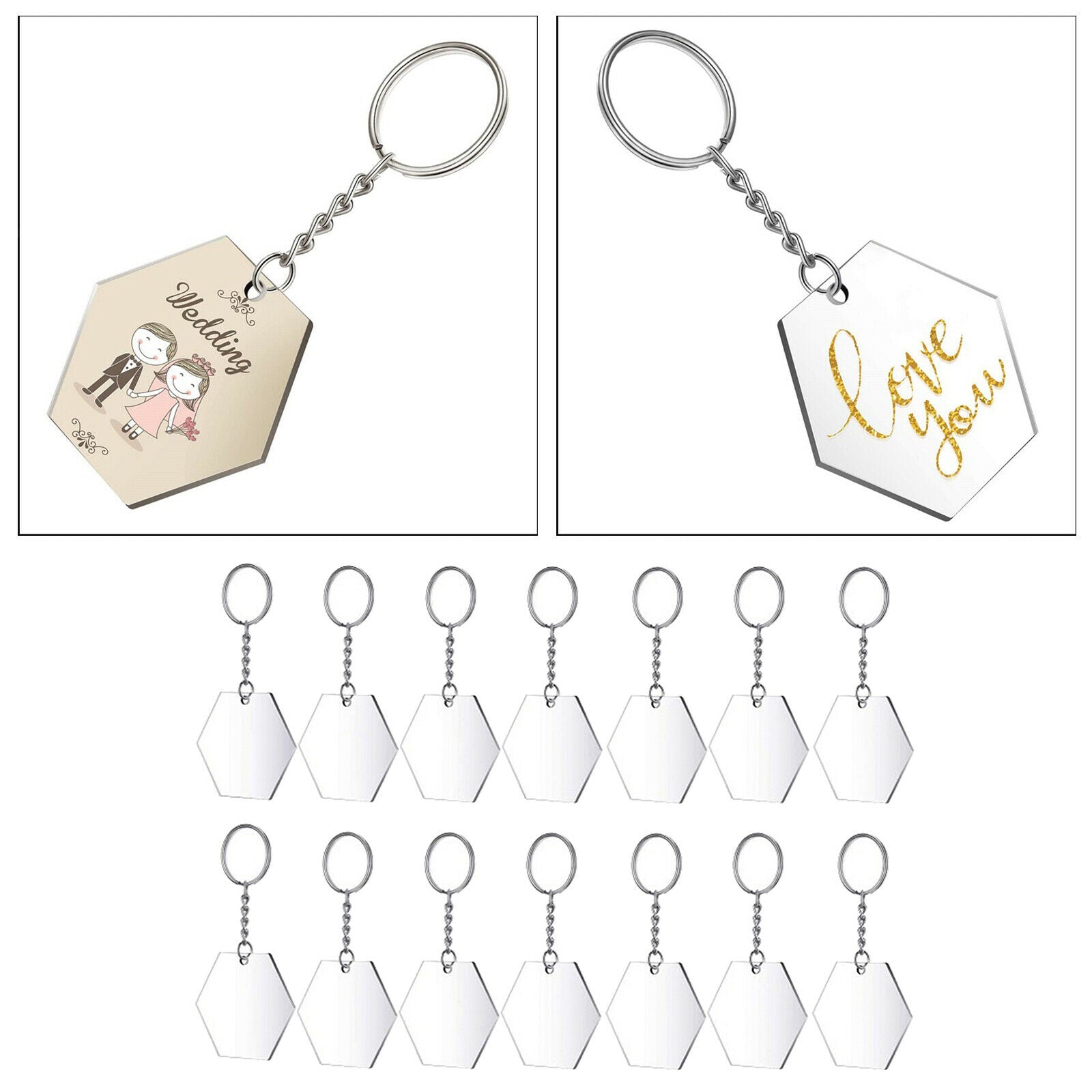 24pcs Transparent Hexagon Acrylic Key Chains Keychains Blanks Discs Keyrings