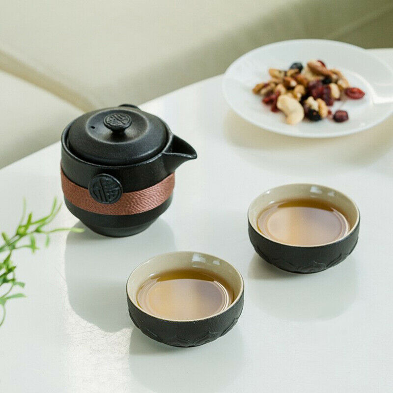 Black Ceramic Teapots With 2 Cups Portable Travel Office Tea set DrinkwaWF