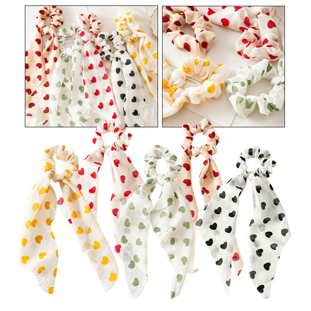 5x Cute Hair Scrunchies Heart Print Wide Ribbon Elastic Hair Ties Updo Tool