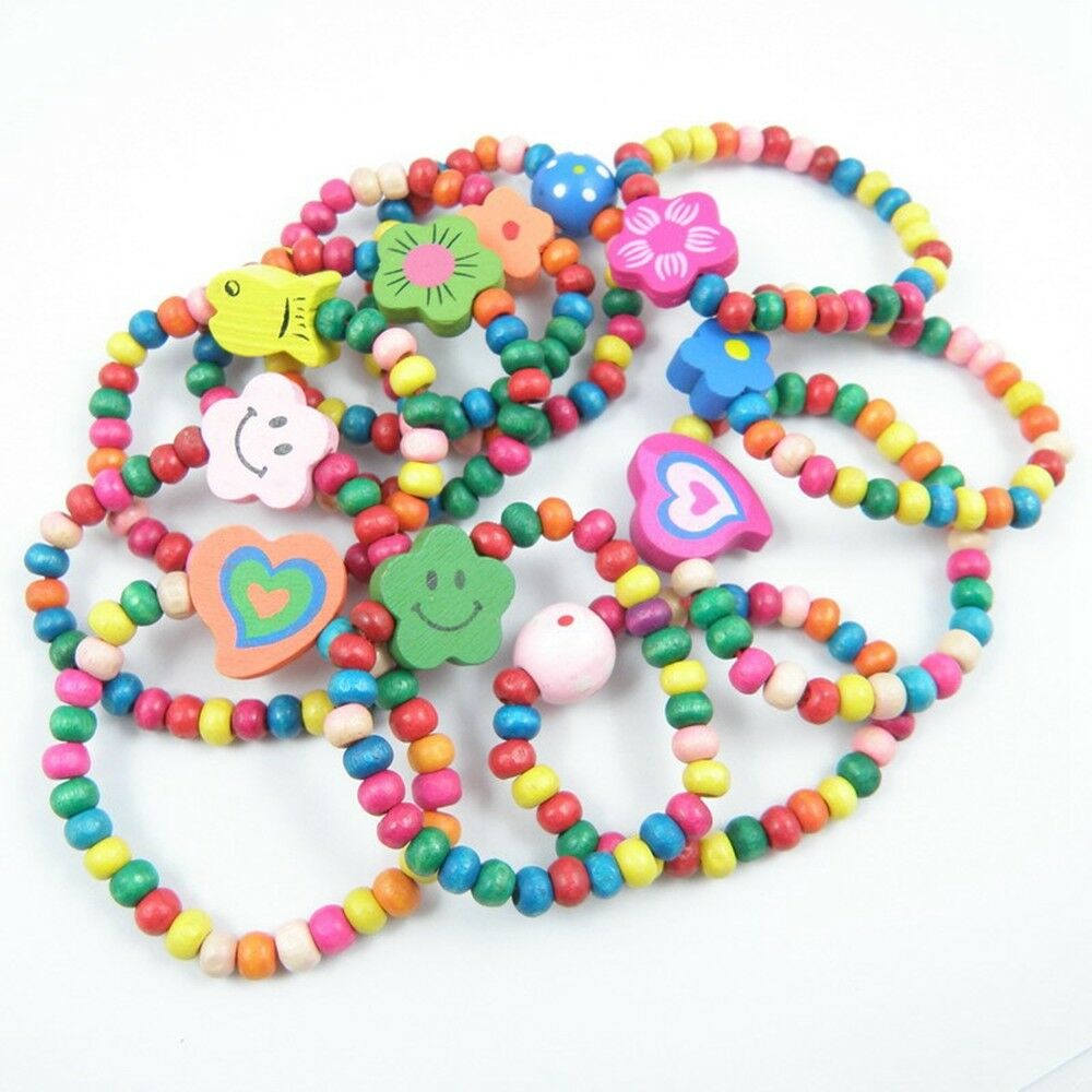 12Pc Lot Mixed Wholesale Kids Children Wood Elastic Bead Bracelets Favor Jewelry