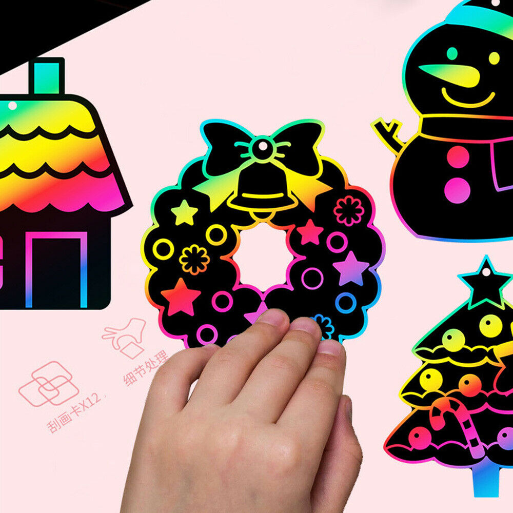 Christmas Scratch Painting Set Bell Deer Tree Paper Children Kids Art Supplies