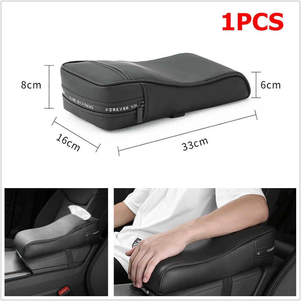 1x Memory Foam Car Armrest Cover Consoles Tissue Storage Pillow Cushion PU Black