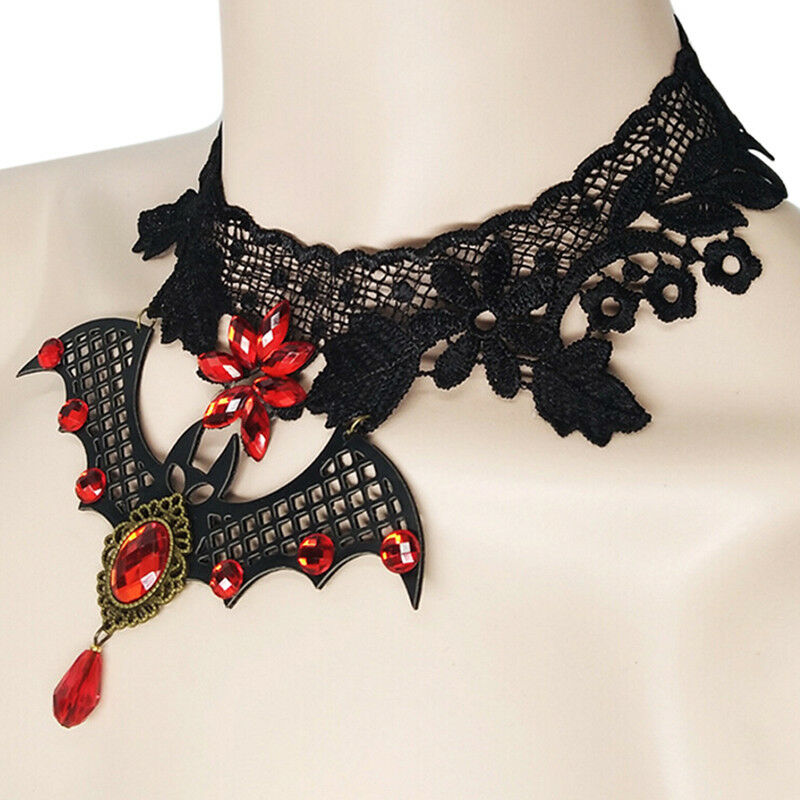 Steampunk Lace Bat Choker Crystal Beads Collar Pendant Necklace Gothic JewelBDA