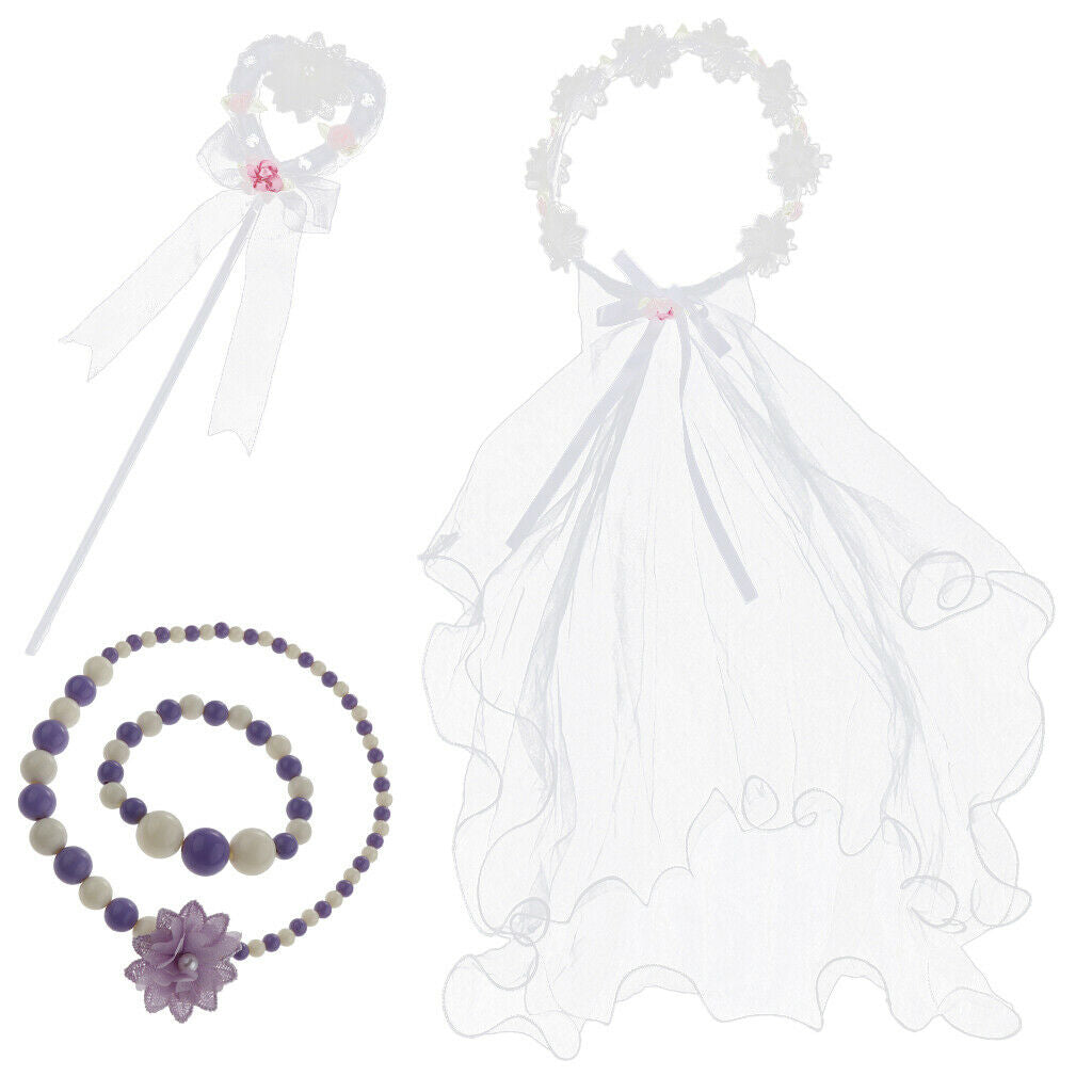 Girls Floral Princess Costume Headband Veil Stick Necklace Wristband  White