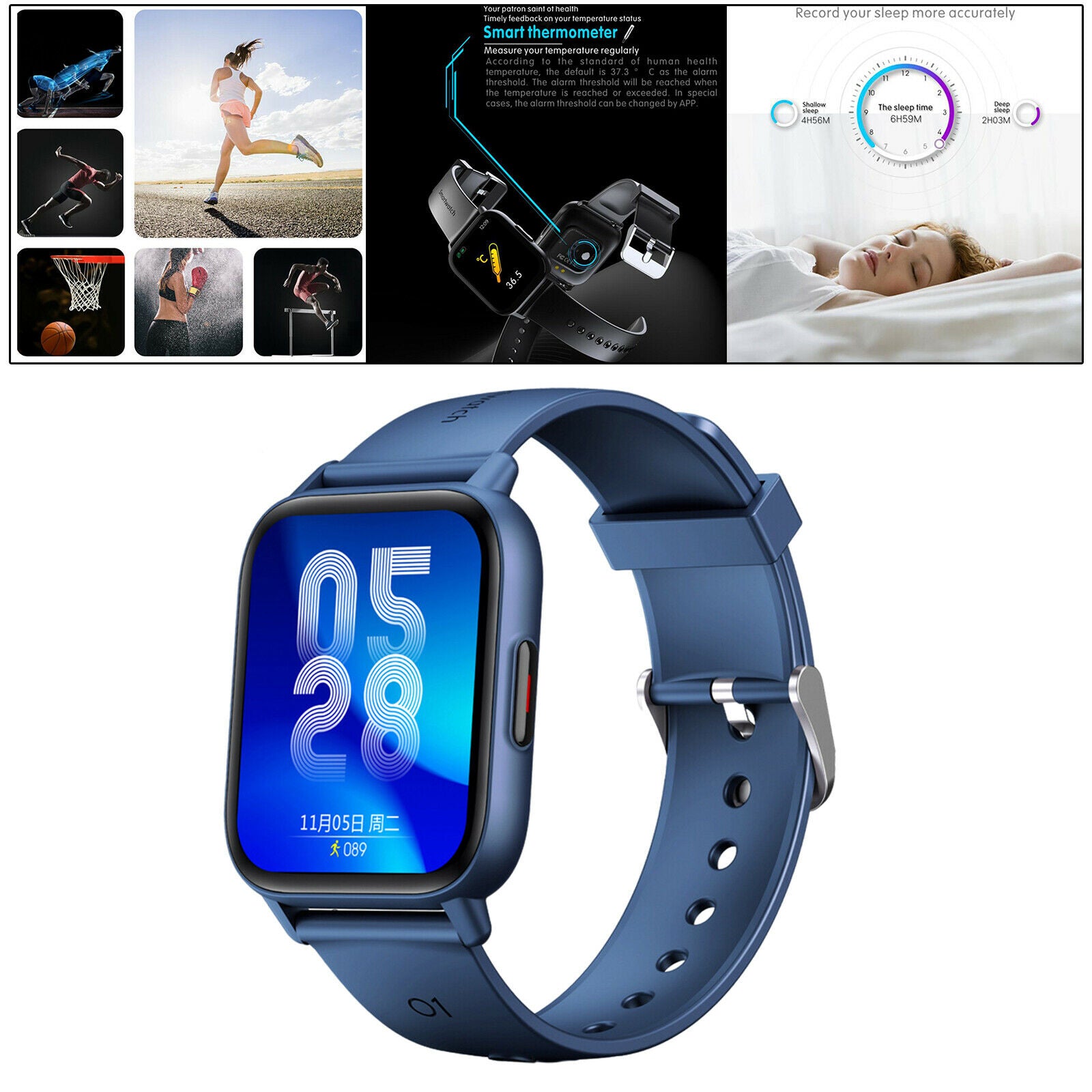 Sports Smart Watch Digital Rectangle Watches with Pedometer for Men blue